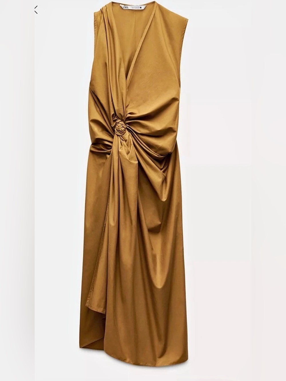 Zara 100% Cotton Draped Poplin Dress Maxi Dress Brown XS